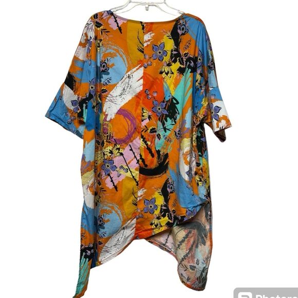 158C Asymmetrical Hem 3/4 Sleeve Abstract and Floral Print Tunic XL - Picture 4 of 14